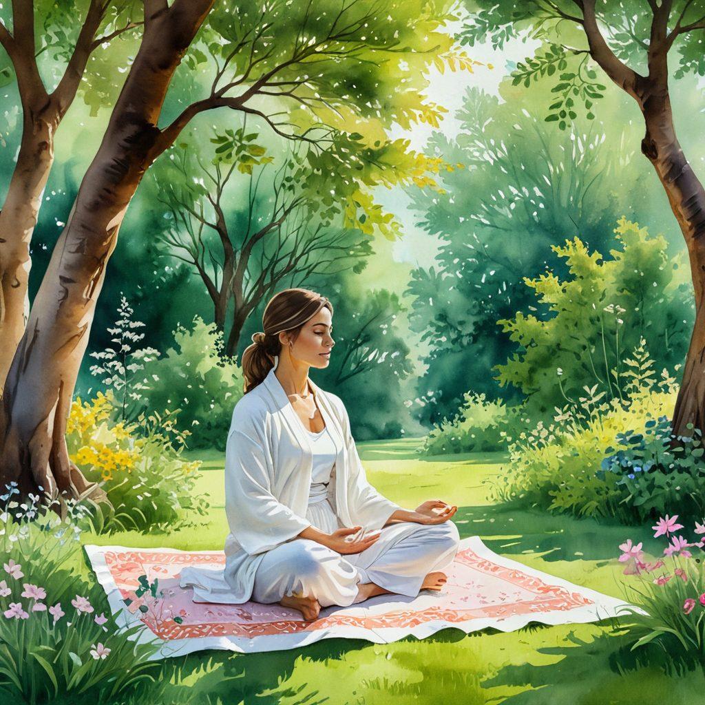 A serene individual meditating in a tranquil nature setting, surrounded by lush greenery and blooming flowers. Soft sunlight filtering through the trees creates a warm, inviting atmosphere. Inspirational quotes gently flowing around the scene, illustrating self-care messages. A cozy blanket and a steaming cup of herbal tea nearby, emphasizing relaxation. watercolor style. vibrant colors. peaceful ambiance.