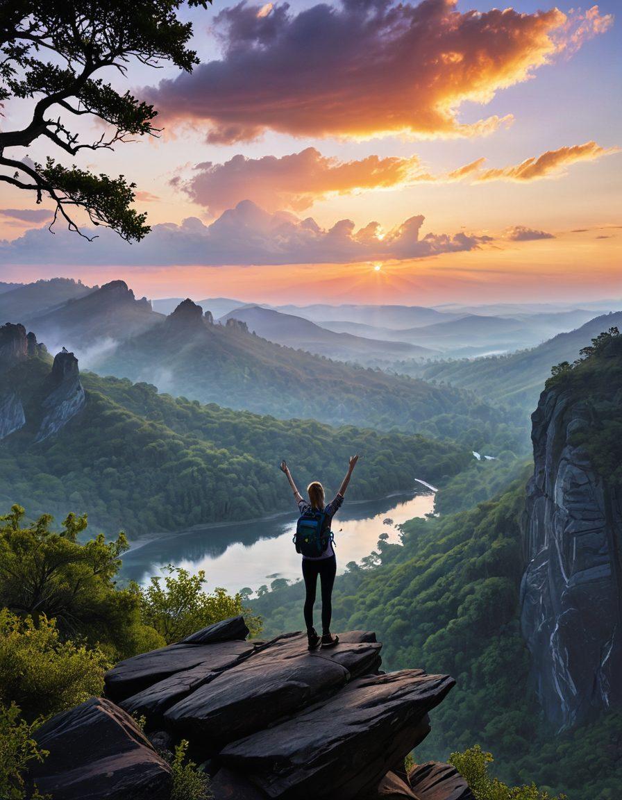 A confident woman standing on a mountain peak, gazing at a vast landscape, symbolizing empowerment and independence. Surround her with elements of nature like flourishing trees and flowing waterfalls, representing self-care and renewal. Add a journal and a steaming cup of tea beside her, showing reflection and tranquility. The sky is painted with vibrant dawn colors, symbolizing new beginnings. super-realistic. vibrant colors.